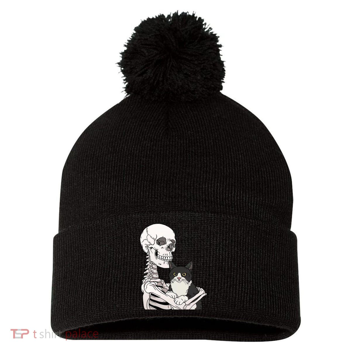 Skeleton Holding Cat Pom Pom 12in Knit Beanie