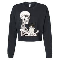 Skeleton Holding Cat Cropped Pullover Crew
