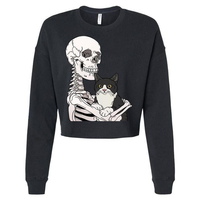Skeleton Holding Cat Cropped Pullover Crew