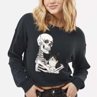 Skeleton Holding Cat Cropped Pullover Crew