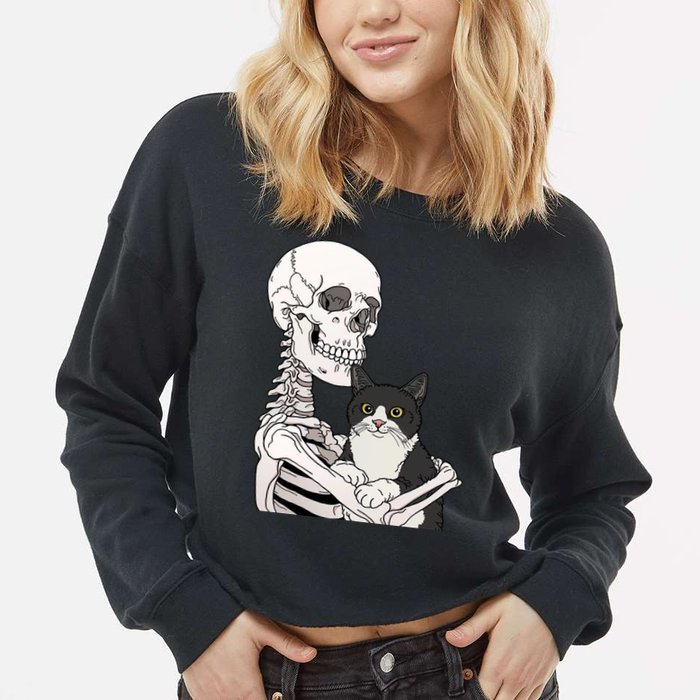 Skeleton Holding Cat Cropped Pullover Crew