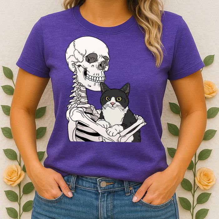 Skeleton Holding Cat Womens T-Shirt