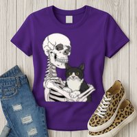 Skeleton Holding Cat Womens T-Shirt