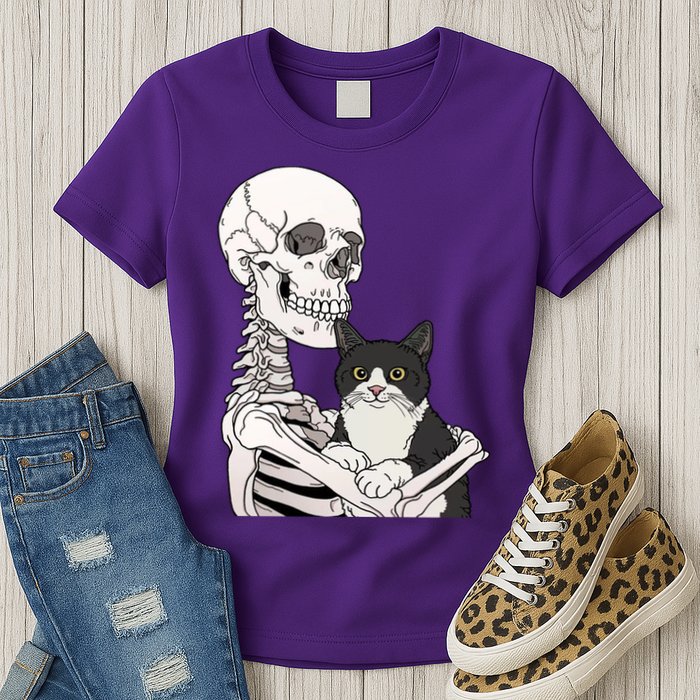 Skeleton Holding Cat Womens T-Shirt