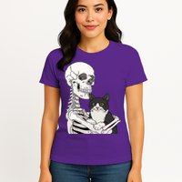 Skeleton Holding Cat Womens T-Shirt