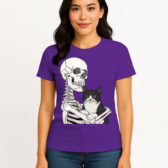 Skeleton Holding Cat Womens T-Shirt