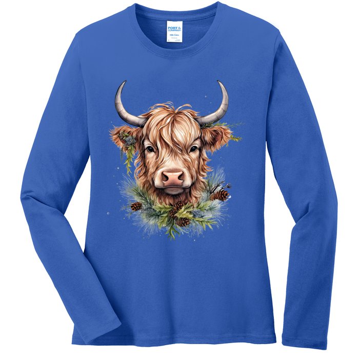 Scottish Highland Cow Cattle Hairy Cow Christmas Funny Gift Ladies Long Sleeve Shirt