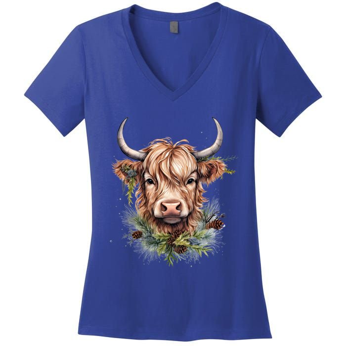 Scottish Highland Cow Cattle Hairy Cow Christmas Funny Gift Women's V-Neck T-Shirt