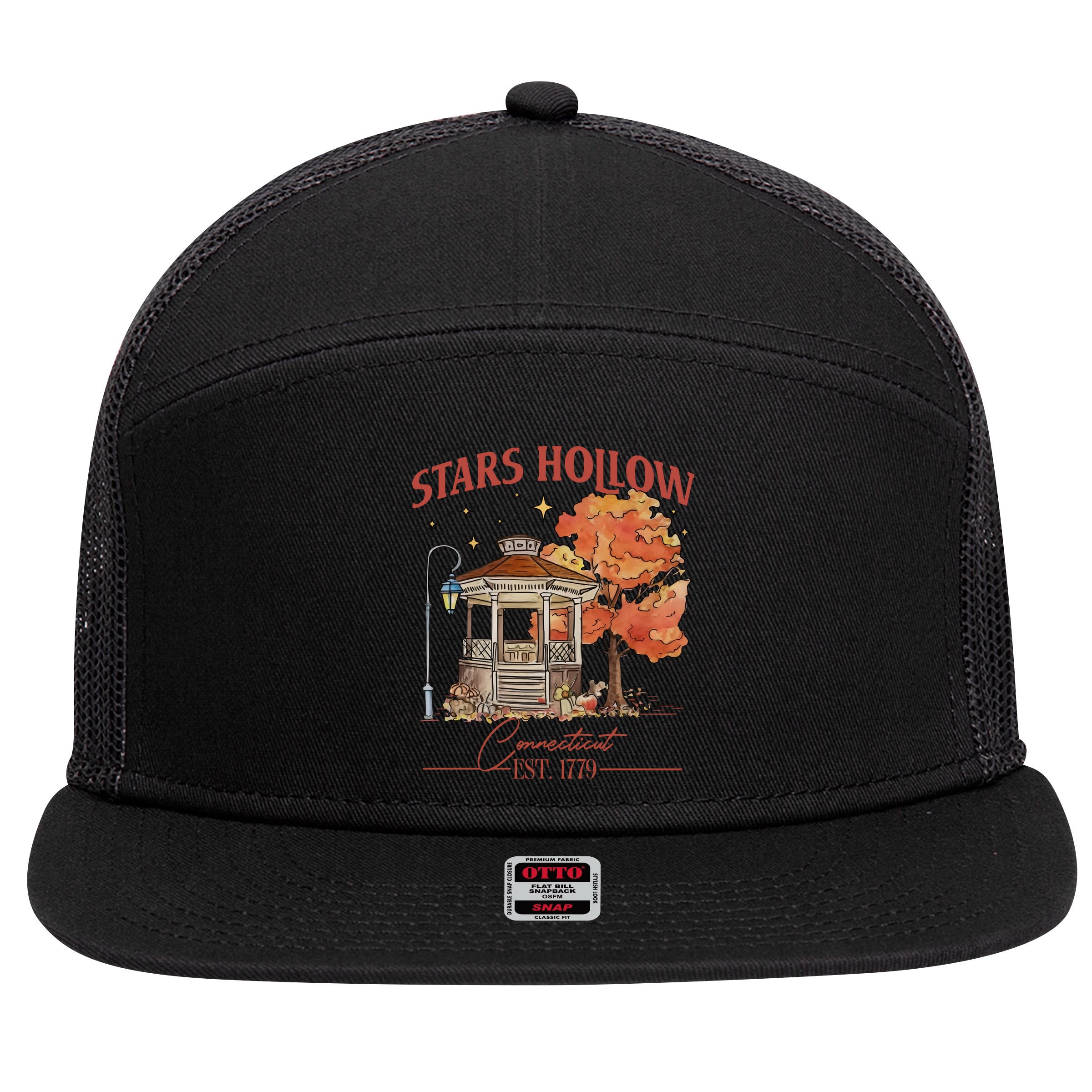 Stars Hollow Connecticut Est 1779 7 Panel Mesh Trucker Snapback Hat