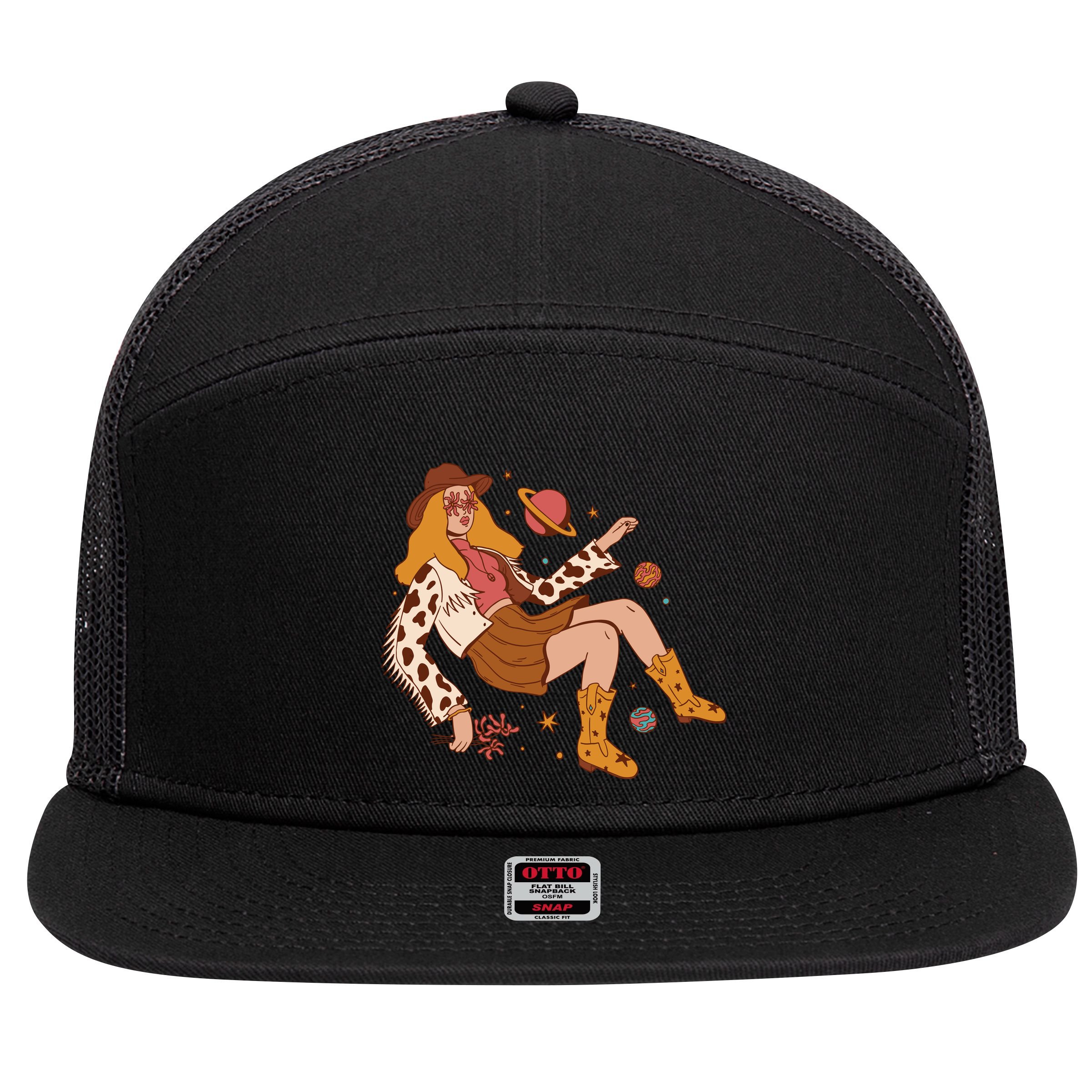 Space Hippie Cow Girl 7 Panel Mesh Trucker Snapback Hat