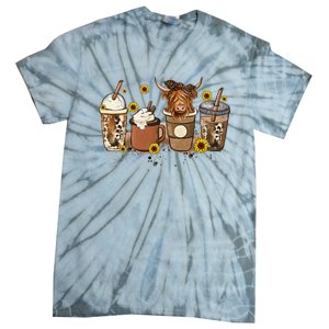 Scottish Highland Cow Sunflower Fall Vibes Coffee Lover Tie-Dye T-Shirt