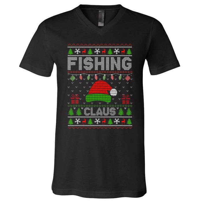 Santa Hat Christmas Light Fishing Claus Ugly Xmas Holiday V-Neck T-Shirt