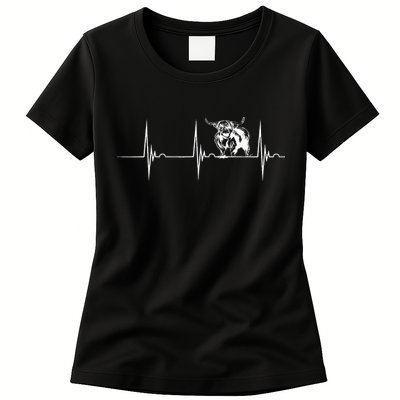 Scottish Highland Cow Heartbeat EKG Pulse Highlander Cow Womens T-Shirt