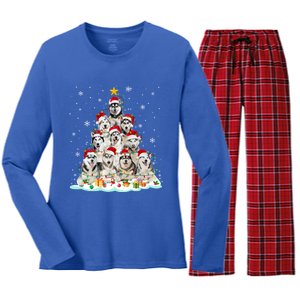 Siberian Husky Christmas Tree Dog Lights Pajamas Xmas Cool Gift Women's Long Sleeve Flannel Pajama Set 