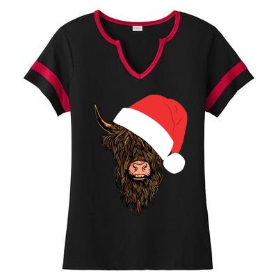 Scottish Highland Cattle Hairy Cow Farmer Gift Christmas Hat Ladies Halftime Notch Neck Tee