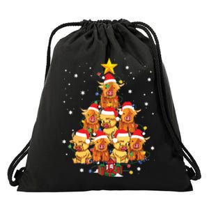 Scottish Highland Cow Christmas Tree Funny Cow Lover Xmas Drawstring Bag