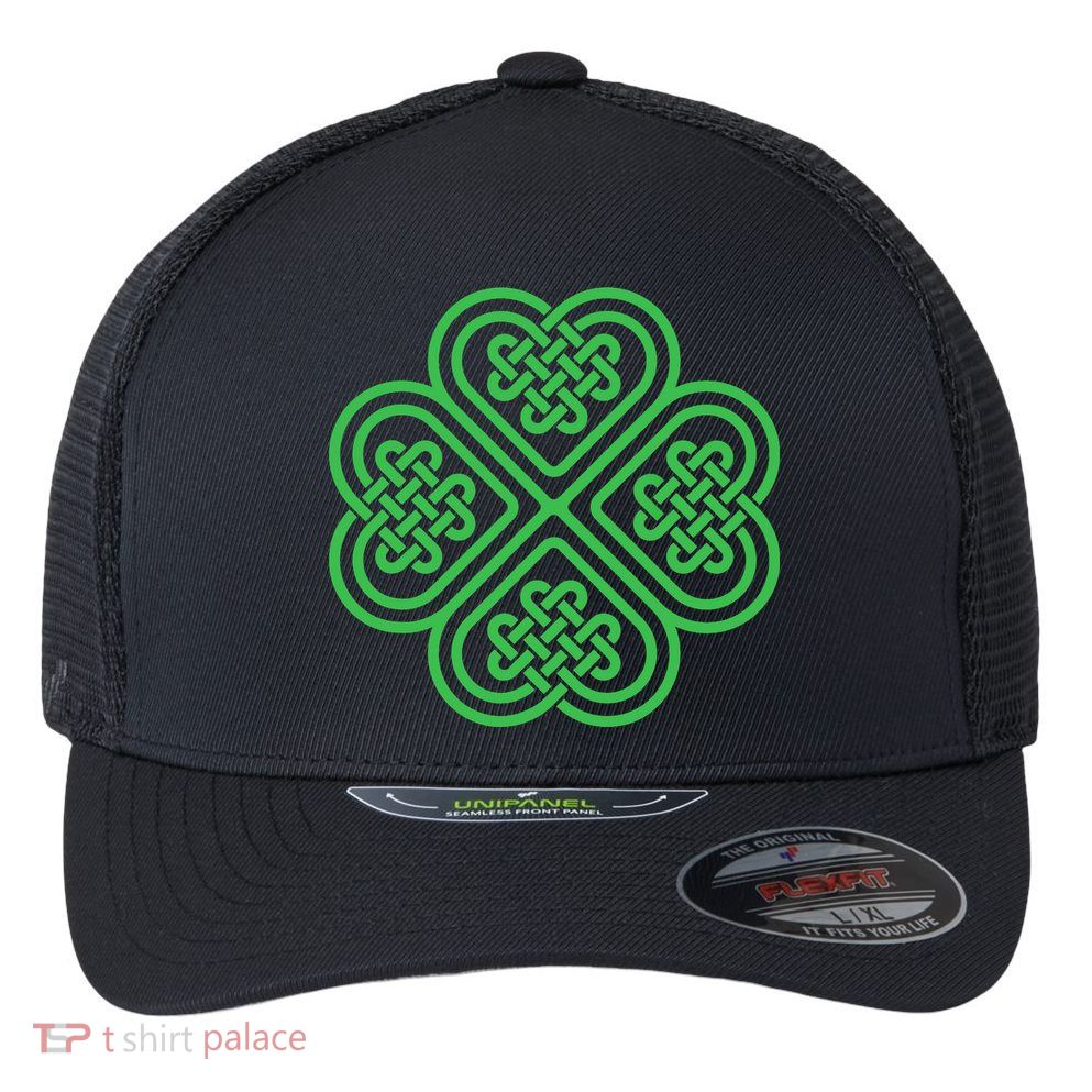 Shamrock Heart Celtic Knot Irish St. Patricks Day Flexfit Unipanel Trucker Cap