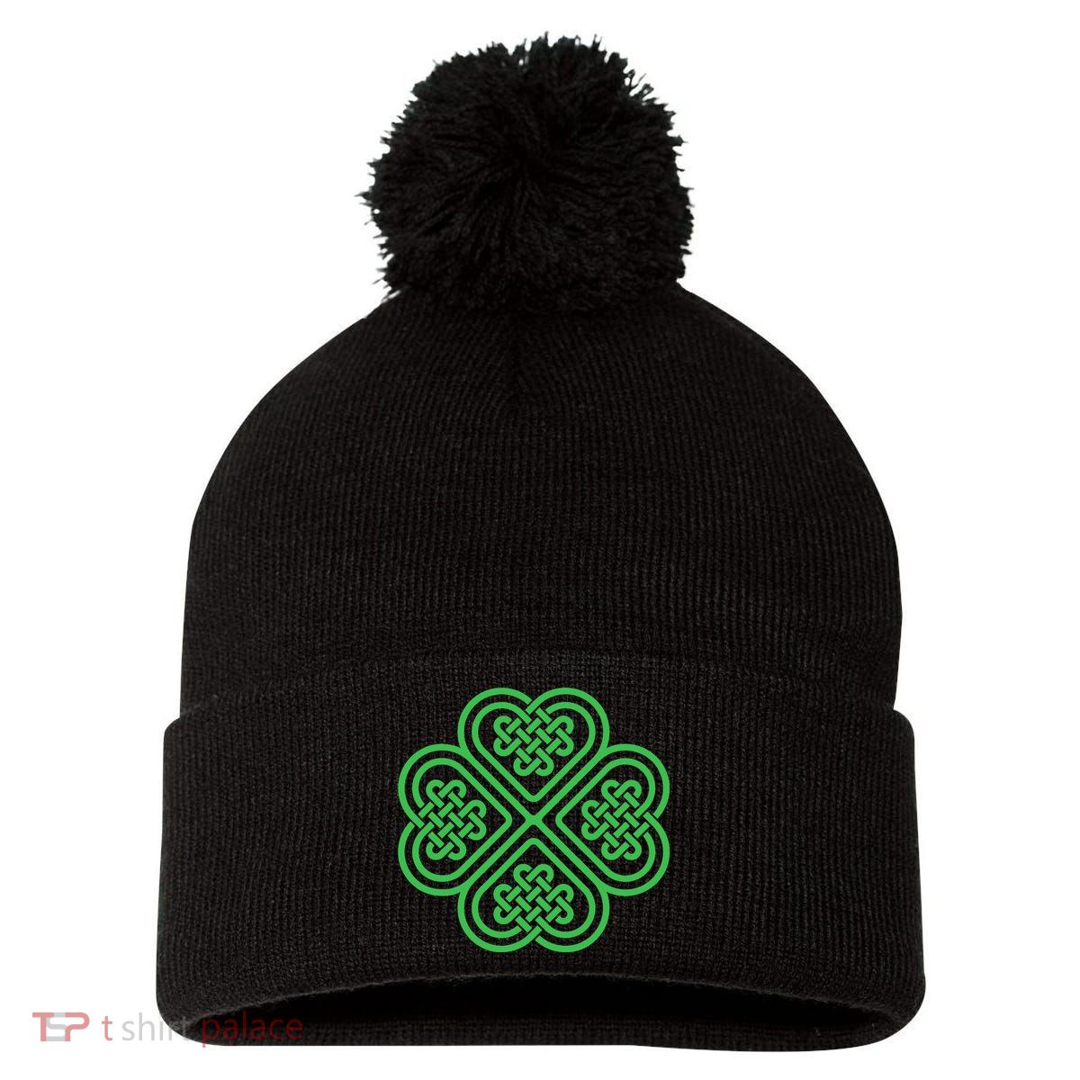 Shamrock Heart Celtic Knot Irish St. Patricks Day Pom Pom 12in Knit Beanie