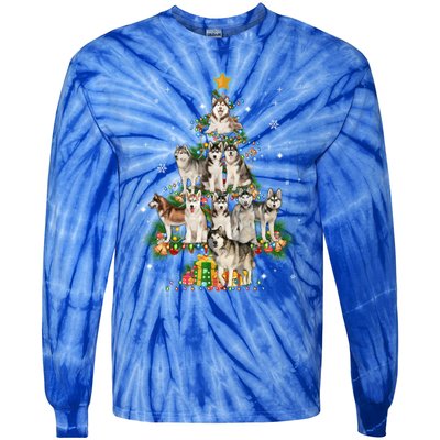 Siberian Husky Christmas Tree Funny Dog Lover Xmas Pajama Gift Tie-Dye Long Sleeve Shirt