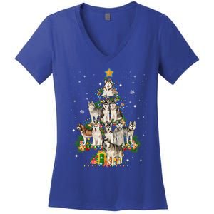 Siberian Husky Christmas Tree Funny Dog Lover Xmas Pajama Gift Women's V-Neck T-Shirt