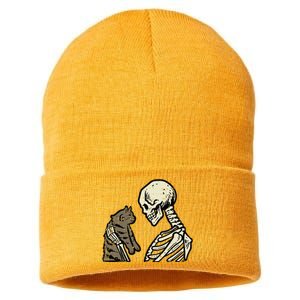 Skeleton Holding Cat Funny Halloween Skull Sustainable Knit Beanie