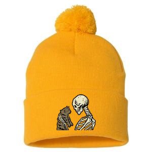 Skeleton Holding Cat Funny Halloween Skull Pom Pom 12in Knit Beanie