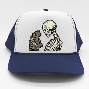 Skeleton Holding Cat Funny Halloween Skull Trucker Hat