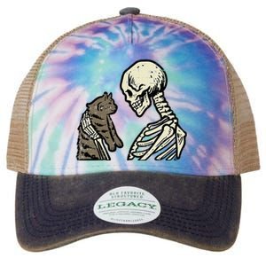 Skeleton Holding Cat Funny Halloween Skull Legacy Tie Dye Trucker Hat