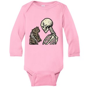 Skeleton Holding Cat Funny Halloween Skull Baby Long Sleeve Bodysuit