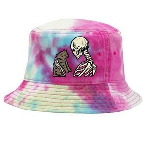 Skeleton Holding Cat Funny Halloween Skull Tie-Dyed Bucket Hat