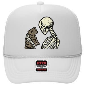 Skeleton Holding Cat Funny Halloween Skull High Crown Mesh Back Trucker Hat