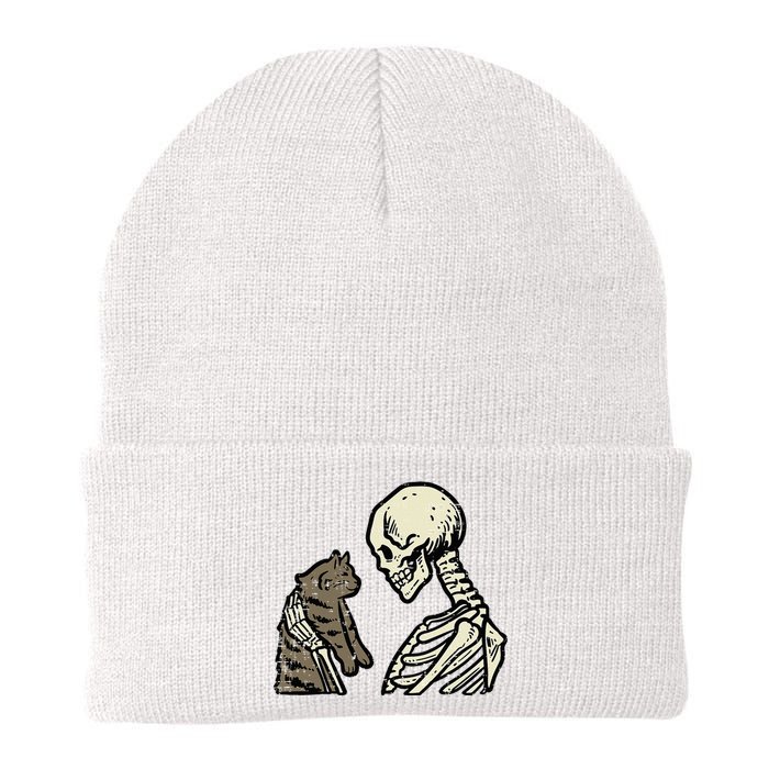 Skeleton Holding Cat Funny Halloween Skull Knit Cap Winter Beanie