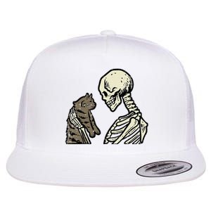 Skeleton Holding Cat Funny Halloween Skull Flat Bill Trucker Hat