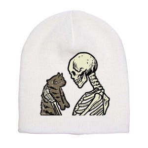 Skeleton Holding Cat Funny Halloween Skull Short Acrylic Beanie