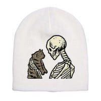 Skeleton Holding Cat Funny Halloween Skull Short Acrylic Beanie