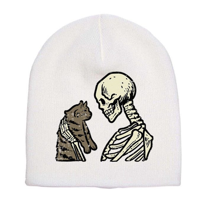 Skeleton Holding Cat Funny Halloween Skull Short Acrylic Beanie