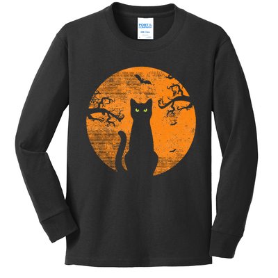 Scary Halloween Cat Costume Retro Cat Moon Kids Long Sleeve Shirt