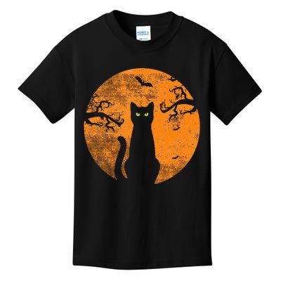 Scary Halloween Cat Costume Retro Cat Moon Kids T-Shirt