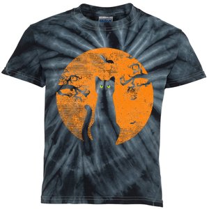 Scary Halloween Cat Costume Retro Cat Moon Kids Tie-Dye T-Shirt