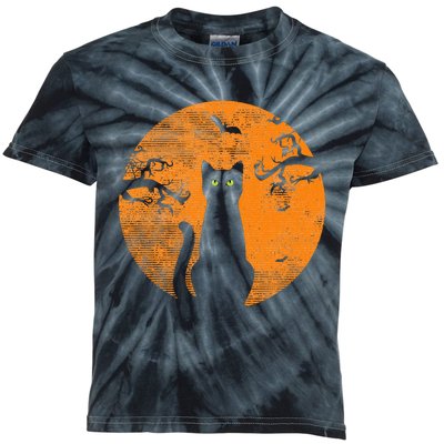 Scary Halloween Cat Costume Retro Cat Moon Kids Tie-Dye T-Shirt