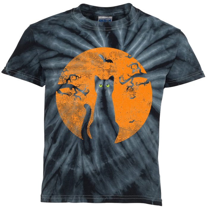 Scary Halloween Cat Costume Retro Cat Moon Kids Tie-Dye T-Shirt