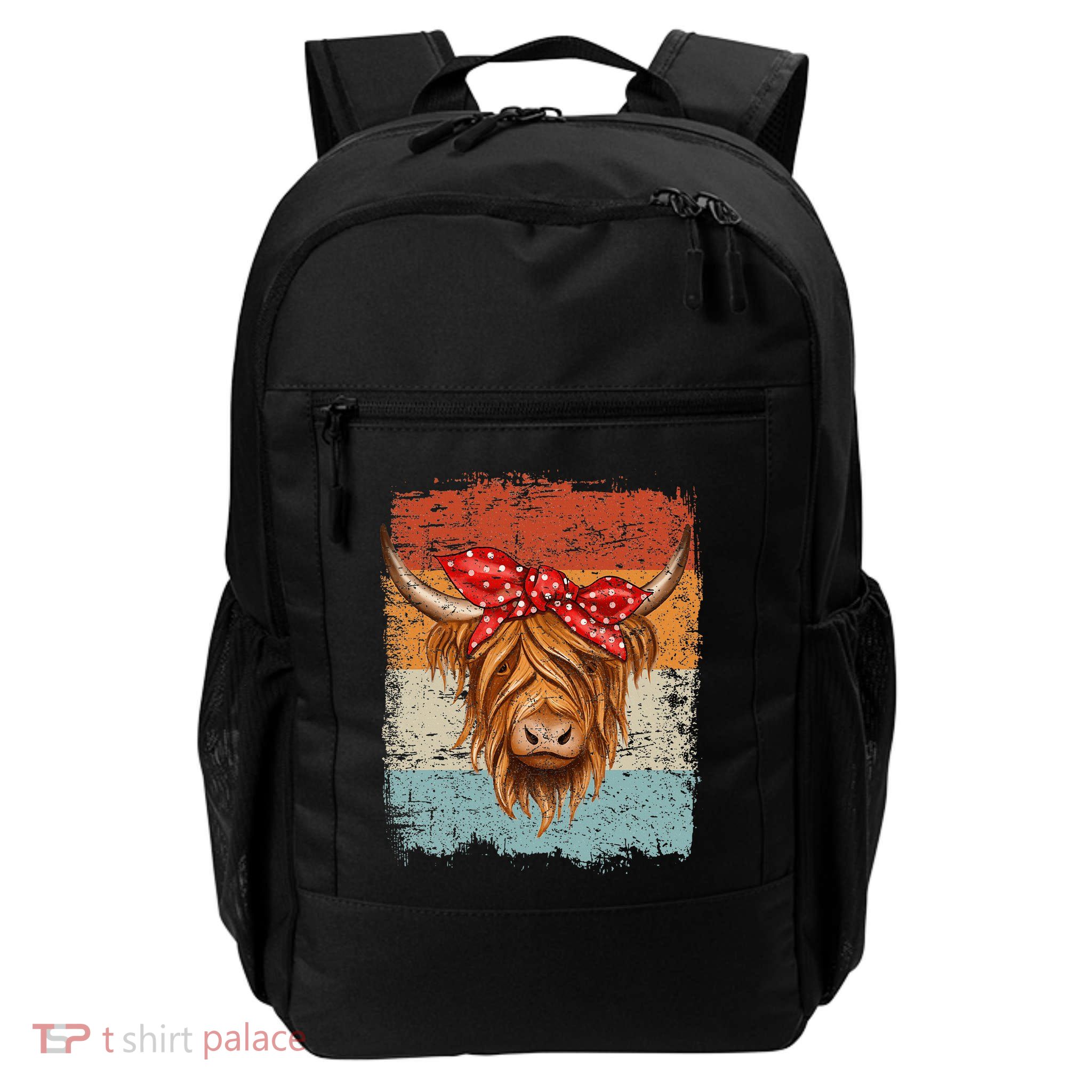 Scottish Highland Cow Cattle Hairy Cow Flowers Woman Backpack
