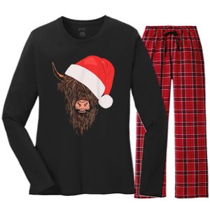 Scottish Highland Cattle Hairy Cow Farmer Christmas Hat Women's Long Sleeve Flannel Pajama Set 