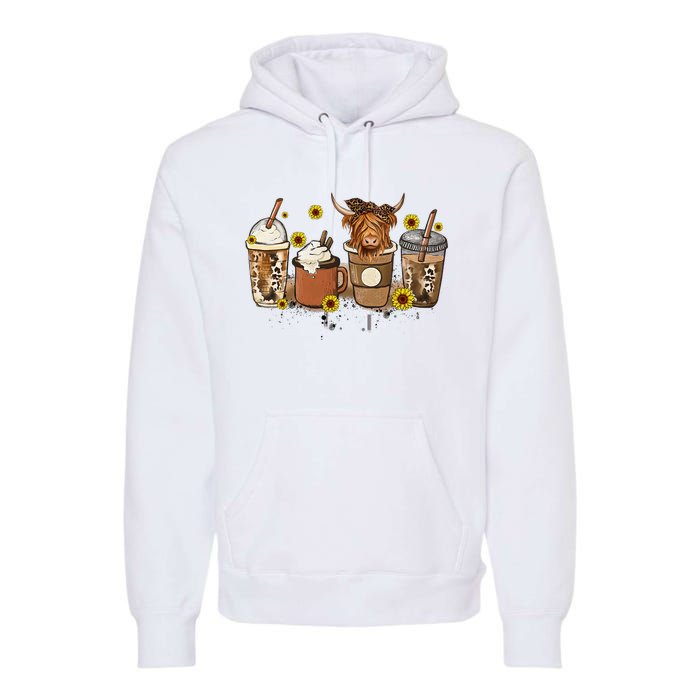 Scottish Highland Cow Sunflower Fall Vibes Coffee Lover Premium Hoodie