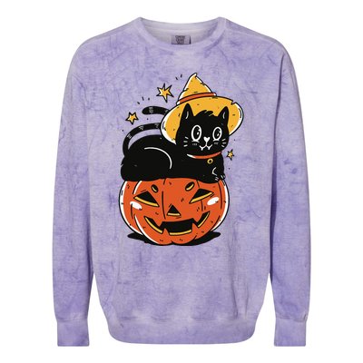 Spooky Halloween Cat Costume with Witch Hat and Pumpkin Colorblast Crewneck Sweatshirt