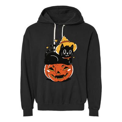 Spooky Halloween Cat Costume with Witch Hat and Pumpkin Garment-Dyed Fleece Hoodie