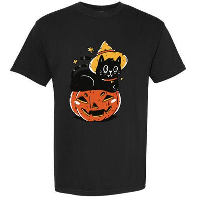 Spooky Halloween Cat Costume with Witch Hat and Pumpkin Garment-Dyed Heavyweight T-Shirt