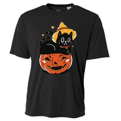 Spooky Halloween Cat Costume with Witch Hat and Pumpkin Cooling Performance Crew T-Shirt