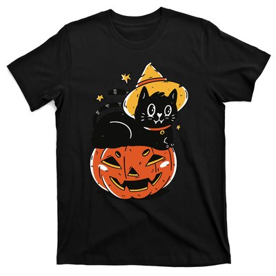 Spooky Halloween Cat Costume with Witch Hat and Pumpkin T-Shirt