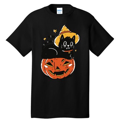 Spooky Halloween Cat Costume with Witch Hat and Pumpkin Tall T-Shirt